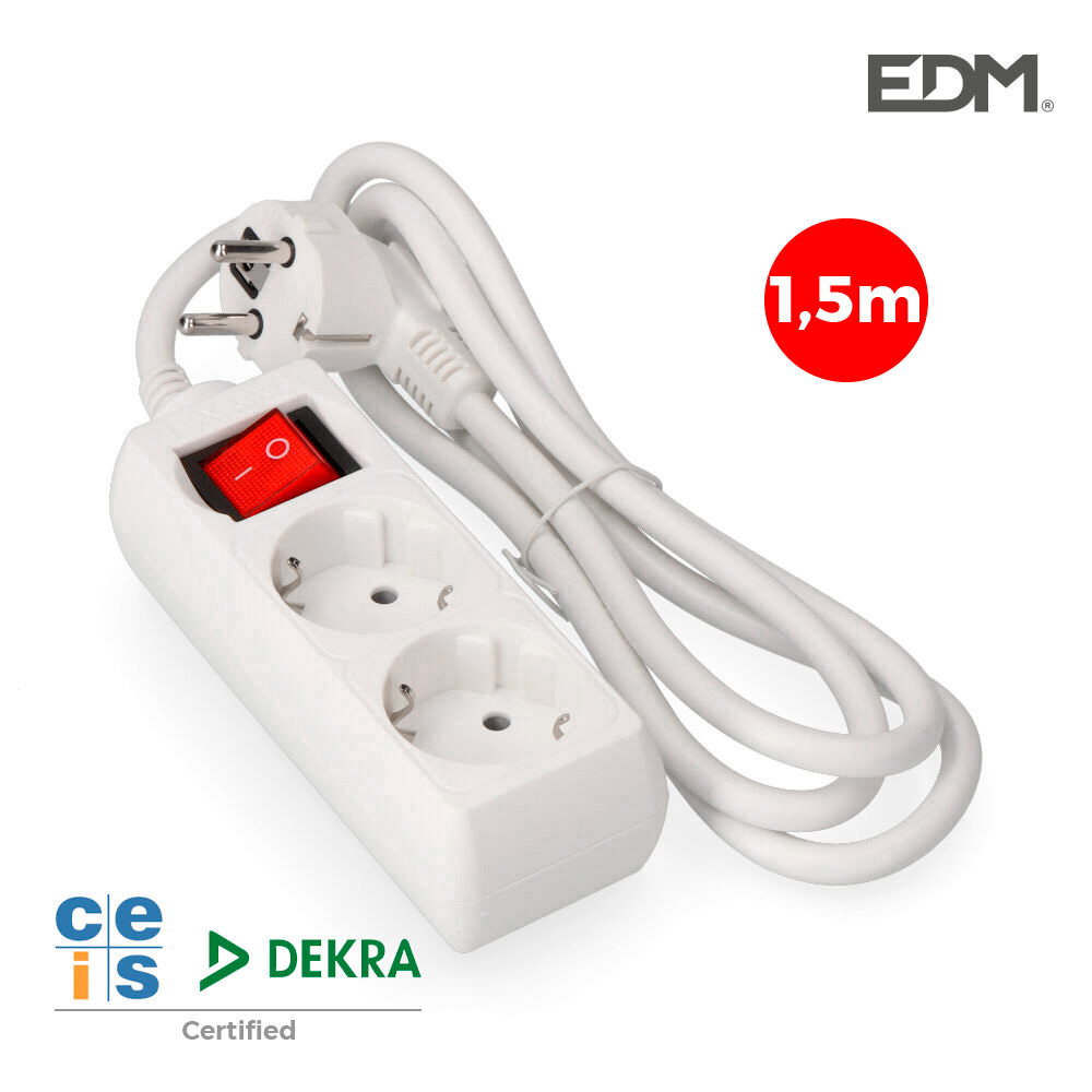 [41016] BASE MÚLTIPLE 2 TOMAS 2P+T CON INTERRUPTOR LUMINOSO, 16A 250 V~ 1,5 m DE CABLE H05VV-F 3 G 1,5 mm² BLANCA